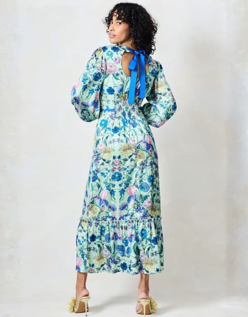 Hope & Ivy The forest high neck maxi dress with bow back in green blue multi, 2 of 4