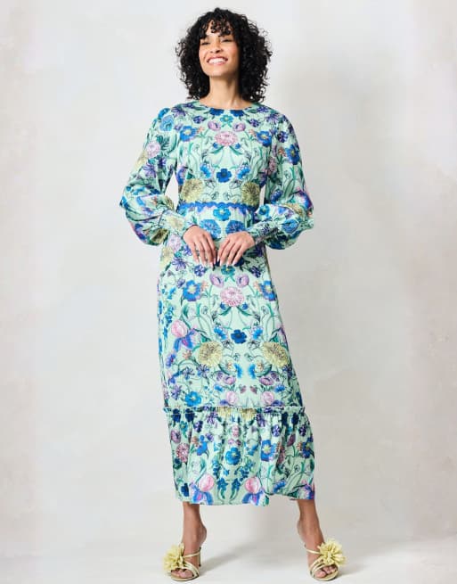 Hope & Ivy The forest high neck maxi dress with bow back in green blue multi, 4 of 4