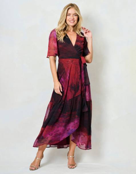 Hope & Ivy The gaia flutter sleeve maxi wrap dress with tie waist in pink multi - view 1