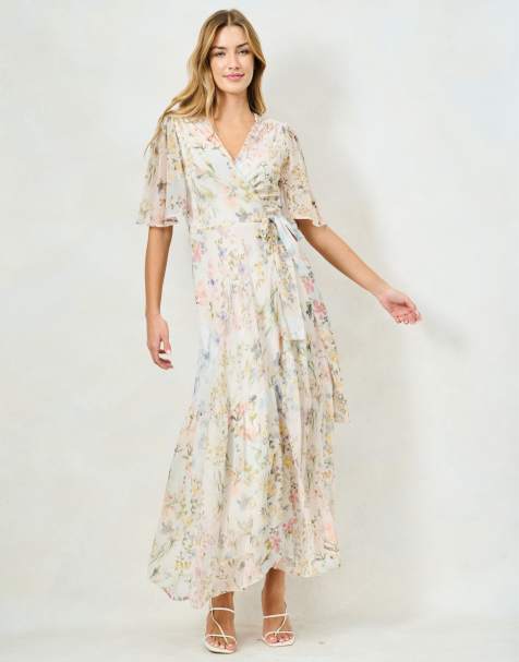 Hope & Ivy The haven flutter sleeve maxi wrap dress with tie waist in cream
