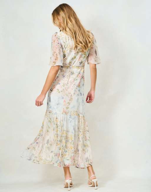Hope & Ivy The haven flutter sleeve maxi wrap dress with tie waist in cream, 2 of 4