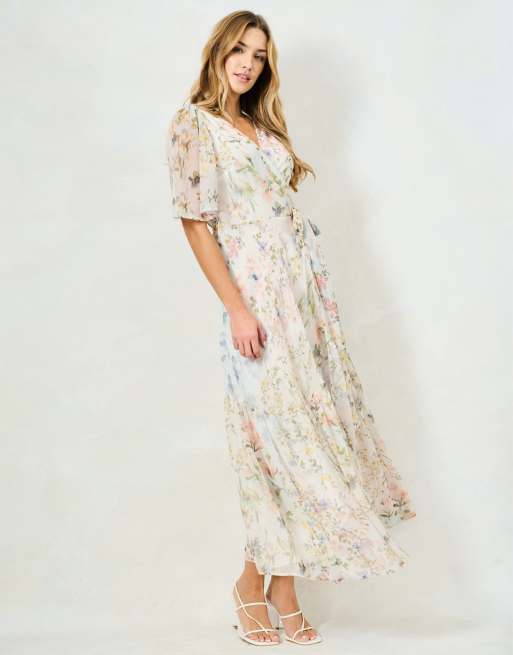Hope & Ivy The haven flutter sleeve maxi wrap dress with tie waist in cream, 4 of 4