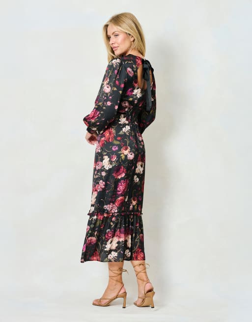 Hope & Ivy The holly blouson sleeve high neck maxi dress with bow back in black multi, 2 of 4