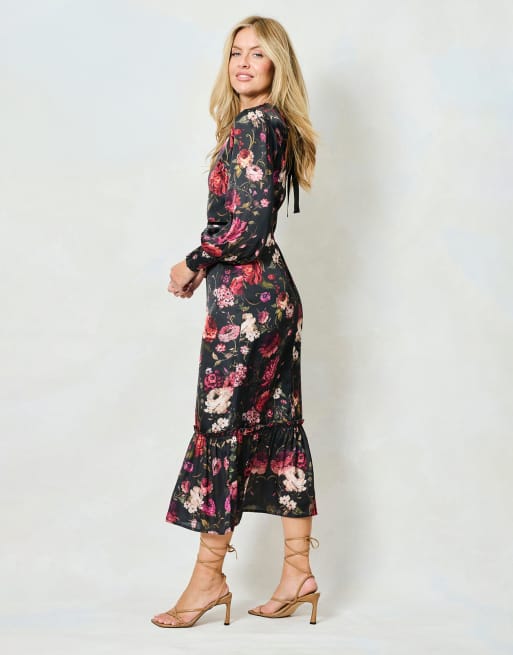 Hope & Ivy The holly blouson sleeve high neck maxi dress with bow back in black multi, 4 of 4