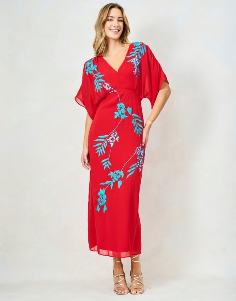 Hope & Ivy The inara embroidered v-neck midi dress with tie back in red and teal - view 1