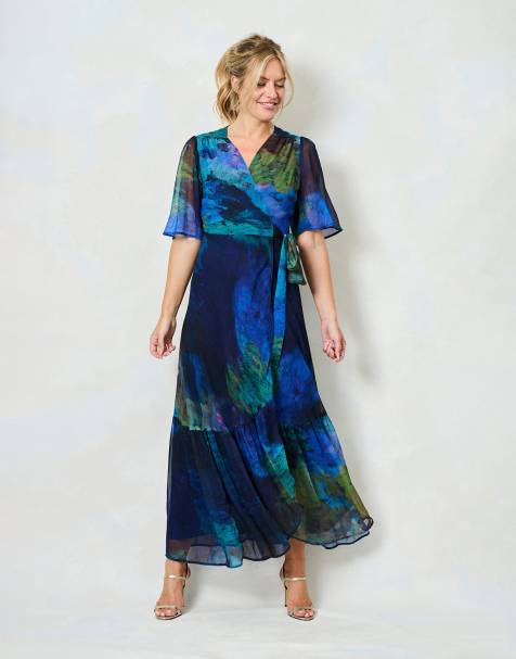 Hope & Ivy The jacqueline flutter sleeve maxi wrap dress with tie waist in blue multi - view 1