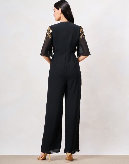 Hope & Ivy The jianna plunge front embellished jumpsuit with flutter sleeve in black and gold, 2 of 5