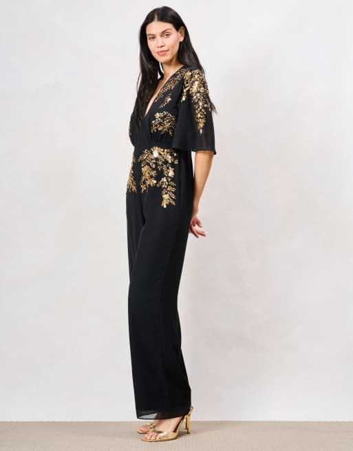 Hope & Ivy The jianna plunge front embellished jumpsuit with flutter sleeve in black and gold, 4 of 5
