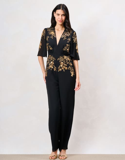 Hope & Ivy The jianna plunge front embellished jumpsuit with flutter sleeve in black and gold, 5 of 5
