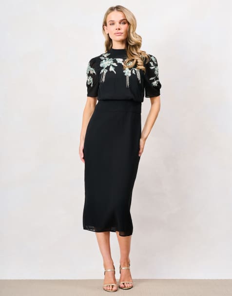 Hope & Ivy The josette embellished midi pencil dress with bow back detail in black and teal - view 1