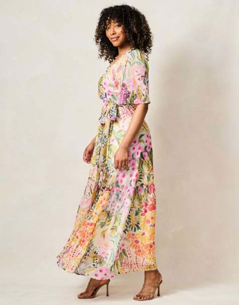 Hope & Ivy The julia flutter sleeve maxi wrap dress with tie waist in cream multi - view 1