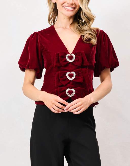 Hope & Ivy The kia puff sleeve v-neck top with embellished bows in burgundy, 4 of 4