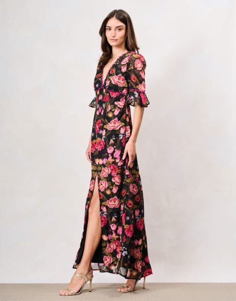 Hope & Ivy The kim frill sleeve thigh split maxi dress with lace trim in dark green pink multi - view 1
