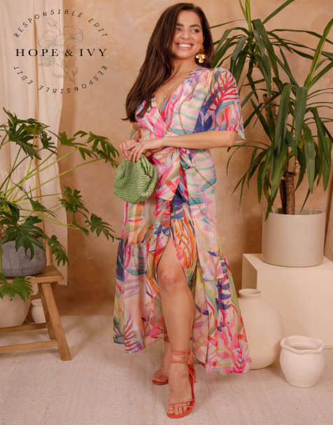 Hope & Ivy The leah flutter sleeve maxi wrap dress with tie waist in multi - view 1
