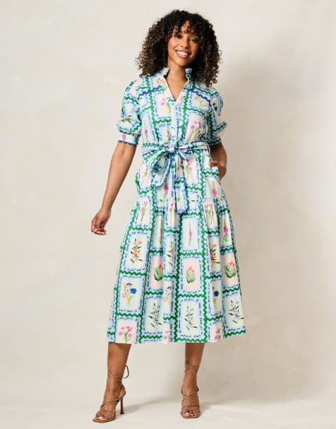 Hope & Ivy The lilith button front midi dress with tiered skirt and tie waist in blue multi - view 1