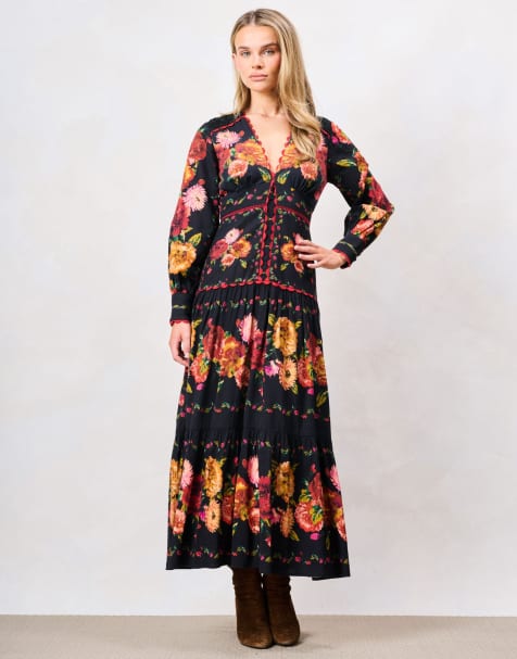 Hope & Ivy The luann printed blouson sleeve v-neck tiered midi dress in black orange multi - view 1