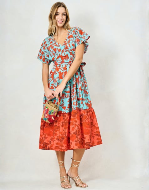Hope & Ivy The marium mixed print v-neck midi dress with tie waist in teal and red - view 1