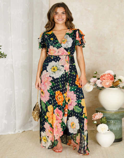 Hope & Ivy The marlene wrap dress with tie waist and flutter sleeve in navy multi - view 1