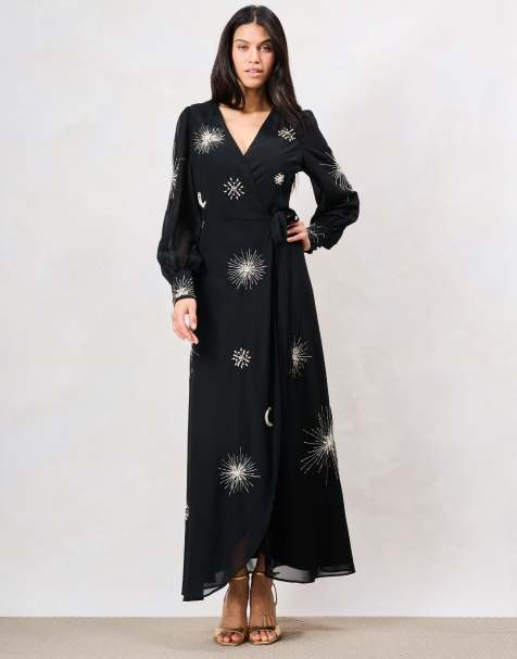 Hope & Ivy The marlo embellished wrap maxi dress with tie waist and blouson sleeve in black - view 1