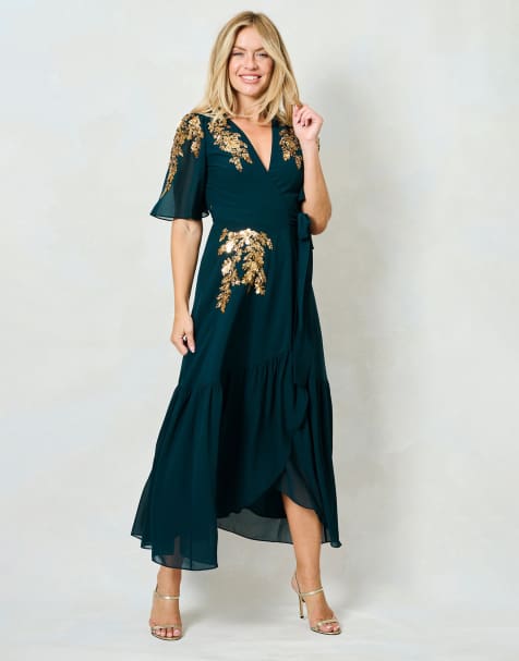 Hope & Ivy The matilda embellished flutter sleeve maxi wrap dress with tie waist in dark green