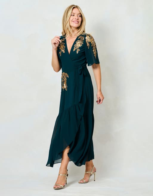 Hope Ivy The matilda embellished flutter sleeve maxi wrap dress