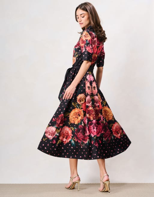 Hope & Ivy The merrielle button front shirt midi dress with tie waist in black orange multi, 2 of 6