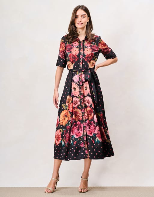 Hope & Ivy The merrielle button front shirt midi dress with tie waist in black orange multi, 4 of 6