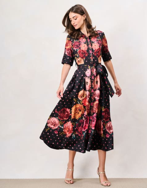 Hope & Ivy The merrielle button front shirt midi dress with tie waist in black orange multi - view 1