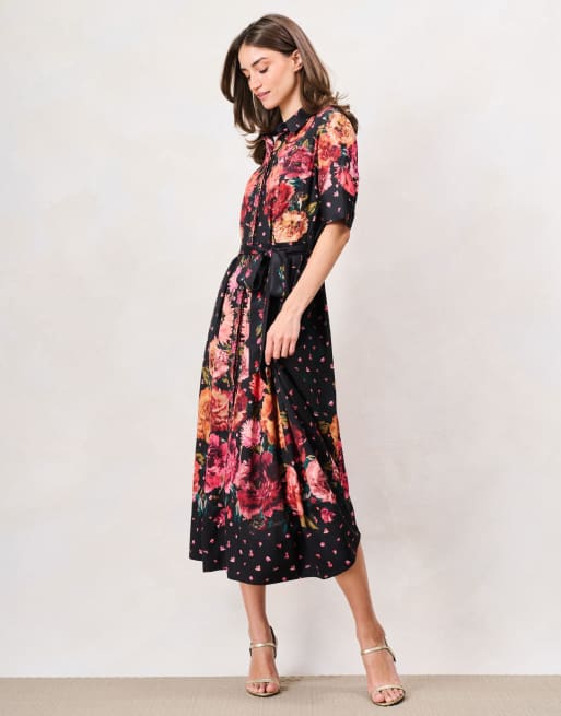 Hope & Ivy The merrielle button front shirt midi dress with tie waist in black orange multi, 3 of 6