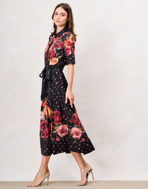 Hope & Ivy The merrielle button front shirt midi dress with tie waist in black orange multi, 5 of 6