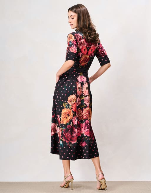 Hope & Ivy The merrielle button front shirt midi dress with tie waist in black orange multi, 6 of 6