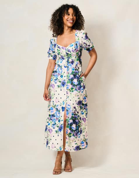 Hope & Ivy The nadalia puff sleeve sweetheart neckline midi dress in white and blue multi - view 1