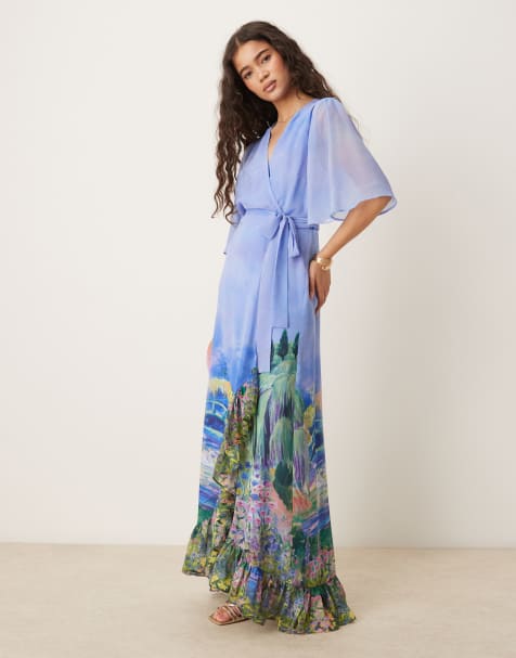 Hope & Ivy The Nadia Flutter Sleeve Maxi Wrap Dress in Painterly Blue - view 1