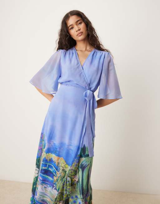 Hope Ivy The Nadia Flutter Sleeve Maxi Wrap Dress in Painterly