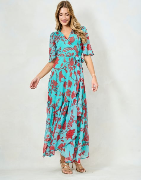 Hope & Ivy The nikita flutter sleeve maxi wrap dress with tie waist in teal and red - view 1