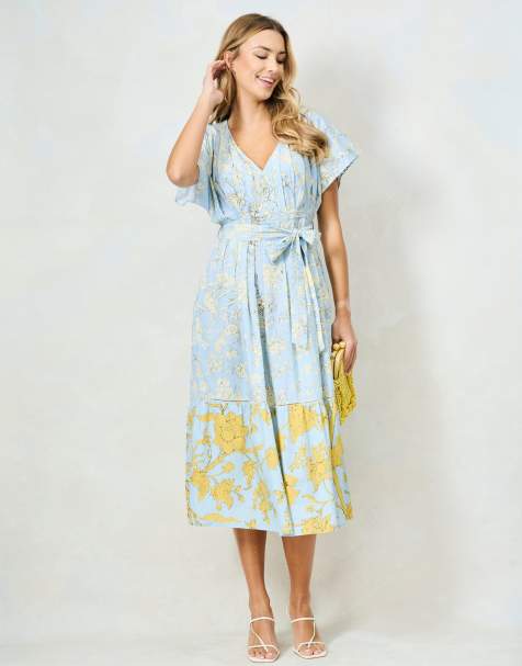Hope & Ivy The noor mixed print v-neck midi dress with tie waist in light blue and yellow - view 1