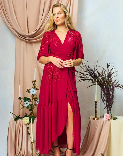 Hope & Ivy The petal embellished flutter sleeve maxi wrap dress with tie waist in pink multi - view 1