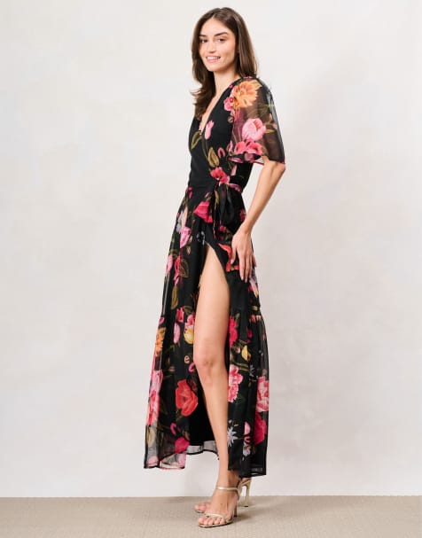 Hope & Ivy The raven petite flutter sleeve maxi wrap dress with tie waist in black - view 1