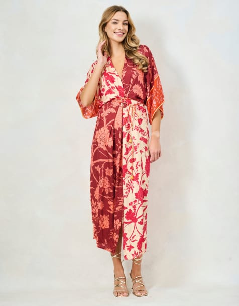 Hope & Ivy The salma kimono sleeve adjustable tie waist midi dress with front split in orange, pink, burgundy multi - view 1