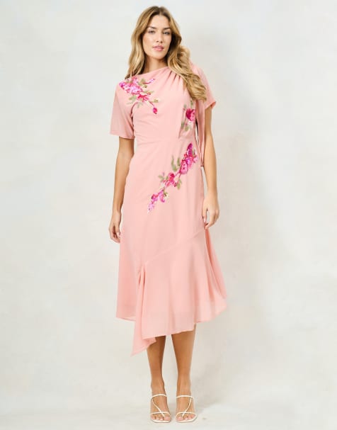Hope & Ivy The sienna-mae embellished slash neck midi dress with bow shoulder detail in light pink