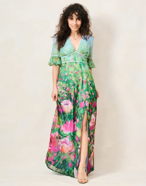 Hope & Ivy The solenne petite thigh split maxi dress in blue green pink - view 1