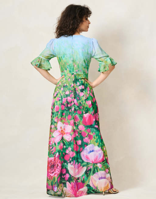 Hope & Ivy The solenne petite thigh split maxi dress in blue green pink, 2 of 4