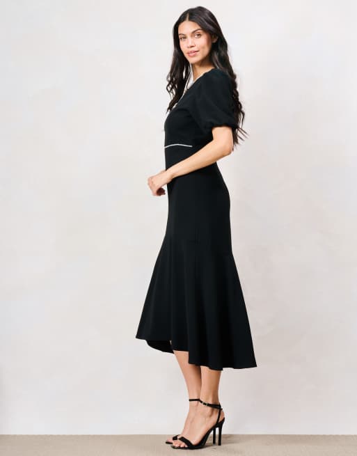 Hope & Ivy The sutton puff sleeve midi dress with dimond trim detailing in black, 4 of 5