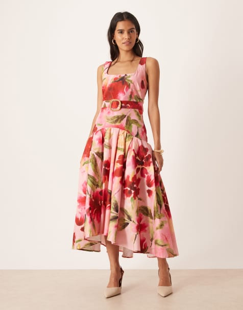 Hope & Ivy The sybil square neck drop hem midaxi dress with waist belt in pink - view 1