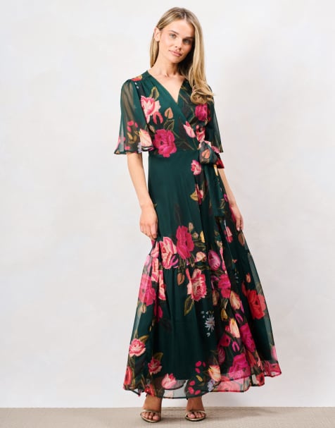 Hope & Ivy The tamra petite flutter sleeve maxi wrap dress with tie waist in dark green pink multi - view 1