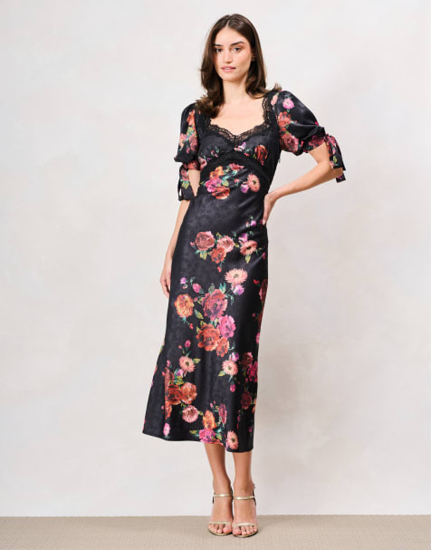 Hope & Ivy The tanya petite printed puff sleeve satin cami dress with bow sleeve detailing in black pink multi - view 1