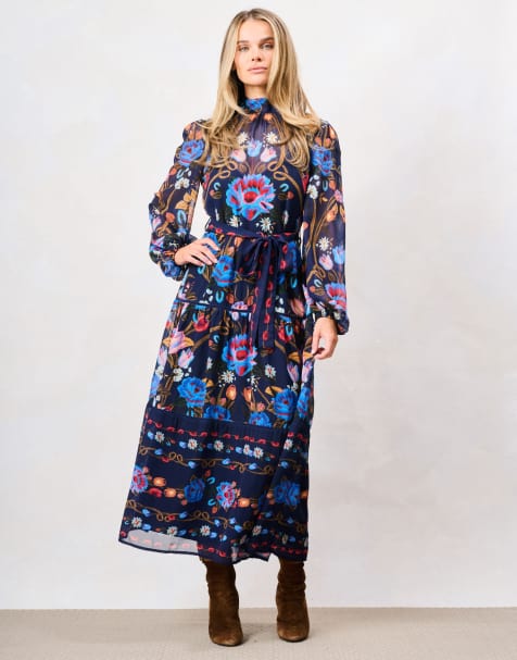 Hope & Ivy The twila high neck blouson sleeve midi dress with belt in blue multi - view 1