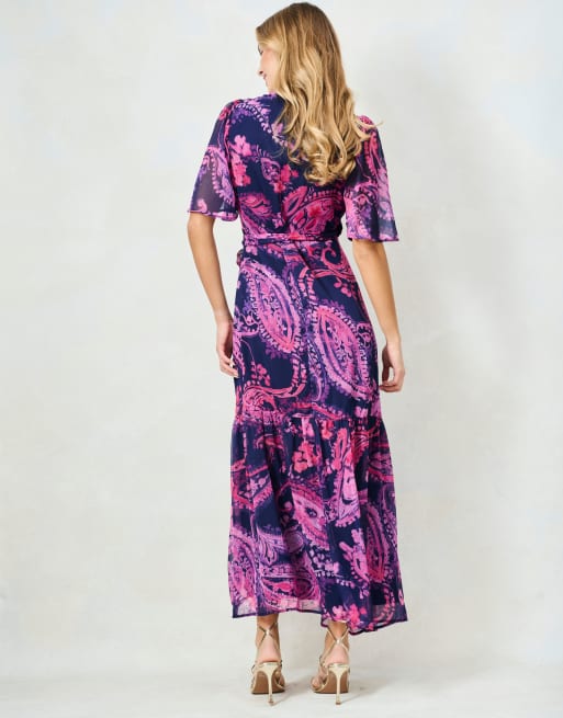 Hope & Ivy The yasmine flutter sleeve maxi wrap dress with tie waist in purple, 2 of 4