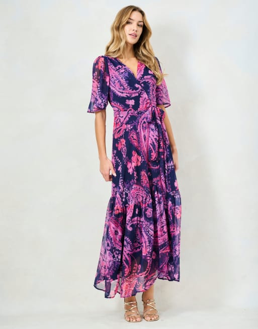 Hope & Ivy The yasmine flutter sleeve maxi wrap dress with tie waist in purple, 4 of 4