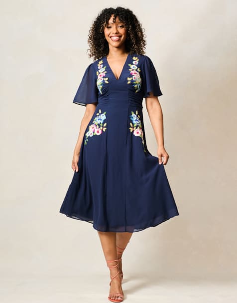 Hope & Ivy The zaynab embroidered flutter sleeve midi dress with tie waist in navy - view 1